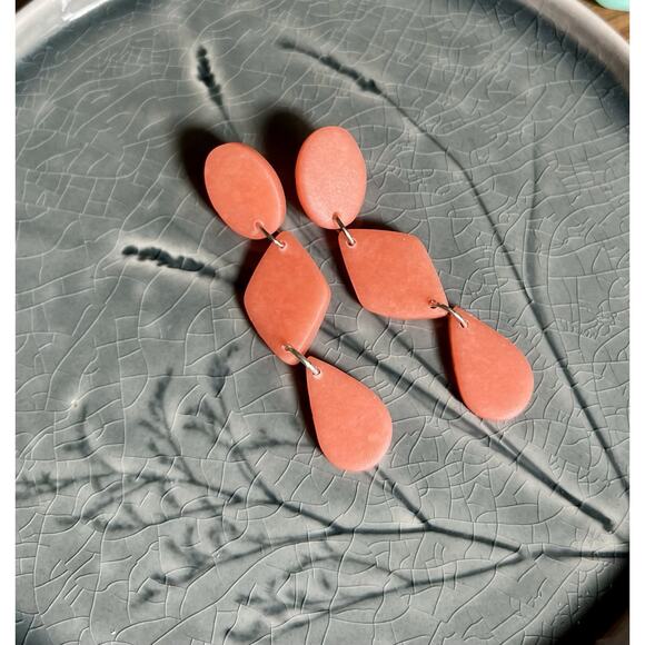 Handmade Polymer Clay Earrings Handcrafted Artwork Coral Sea Glass Dangles - Picture 1 of 5